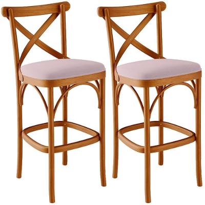 Kit 02 Banquetas Altas Ávila Assento Tecido Madeira Maciça com Encosto para Cozinha Rosê