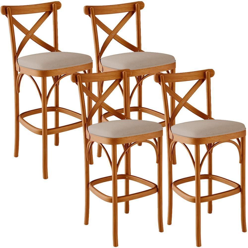 Kit 04 Banquetas Altas Cozinha Bancada Bar Sala Jantar Estofada ávila L02 Linho Bege Escuro - Lyam - 1