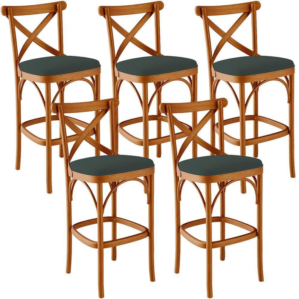 Kit 05 Banquetas Altas Bancada Bar Sala Jantar Estofada ávila L02 Suede Verde Musgo - 1