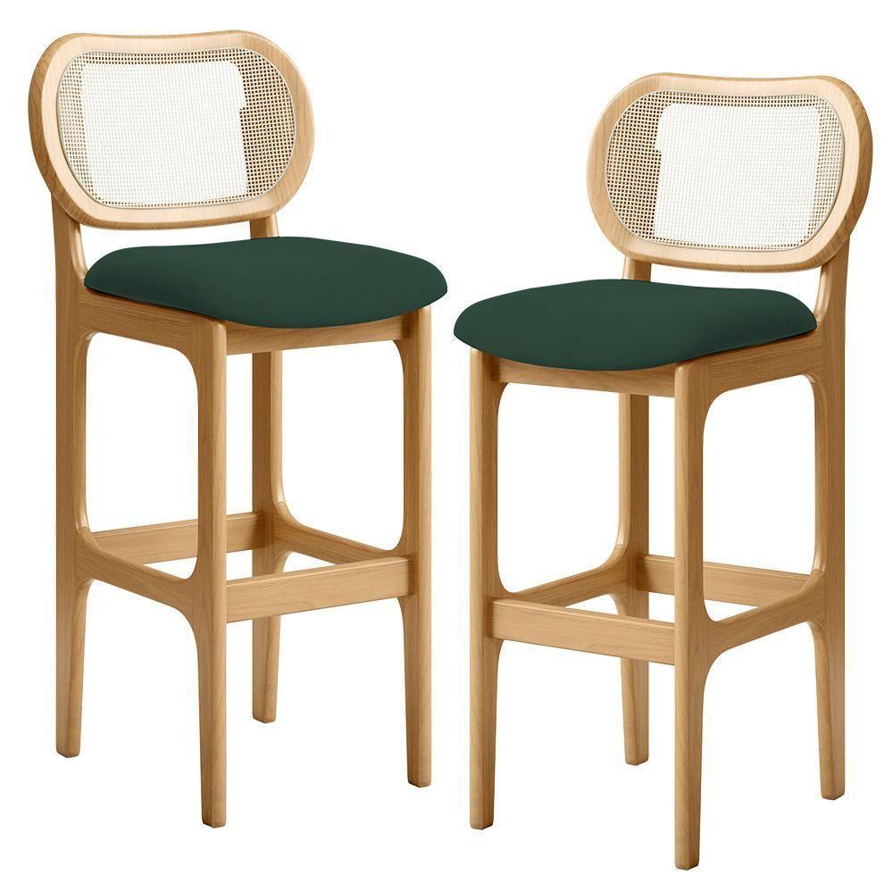 Kit 02 Banquetas Altas Para Cozinha Bancada Sala Tela Betta Fixa L02 Suede Verde Musgo - Lyam - 1