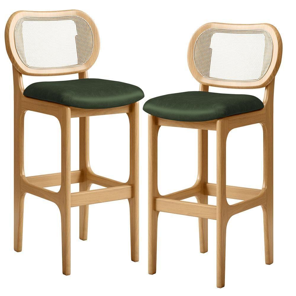 Kit 02 Banquetas Altas Para Cozinha Bancada Sala Tela Betta Fixa L02 Couríssimo Verde Musgo - Lyam - 1
