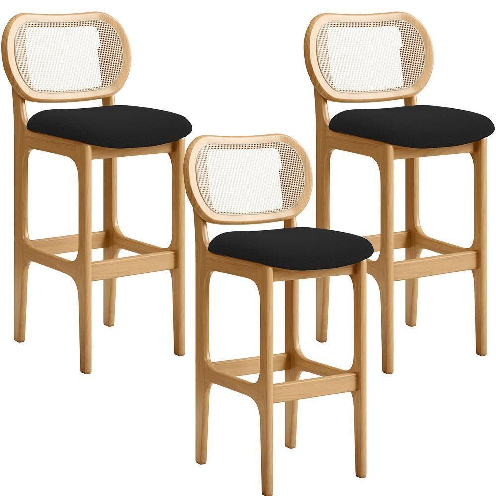 Kit 03 Banquetas Altas Para Cozinha Bancada Sala Tela Betta Fixa L02 Bouclê Preto - Lyam - 1