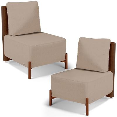 Kit 02 Poltronas Decorativas Hungria L02 Couro Sintético Linho Bege Marrom Lyam Decor