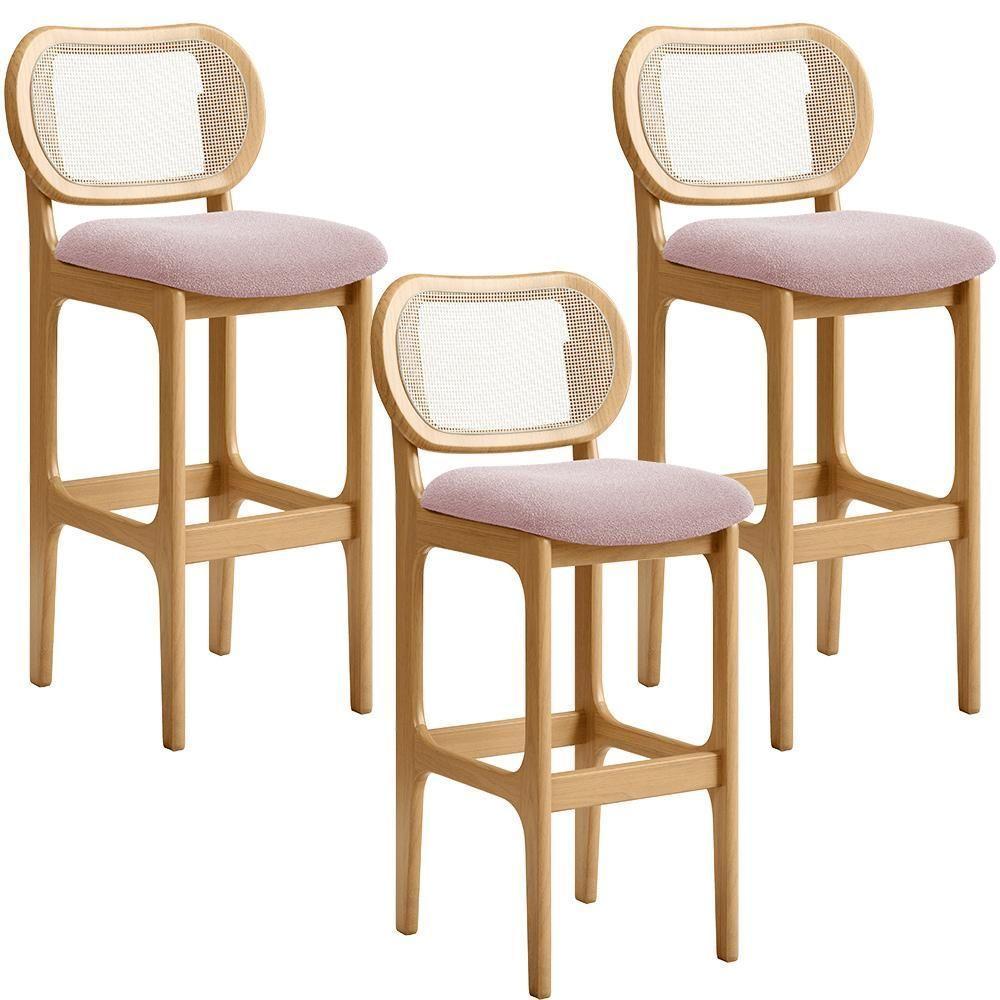 Kit 03 Banquetas Altas Para Cozinha Bancada Sala Tela Betta Fixa L02 Bouclê Rosê - Lyam - 1