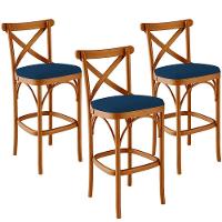Kit 03 Banquetas Altas Cozinha Bancada Bar Sala Jantar Estofada ávila L02 Suede Azul Marinho - Lyam - 1