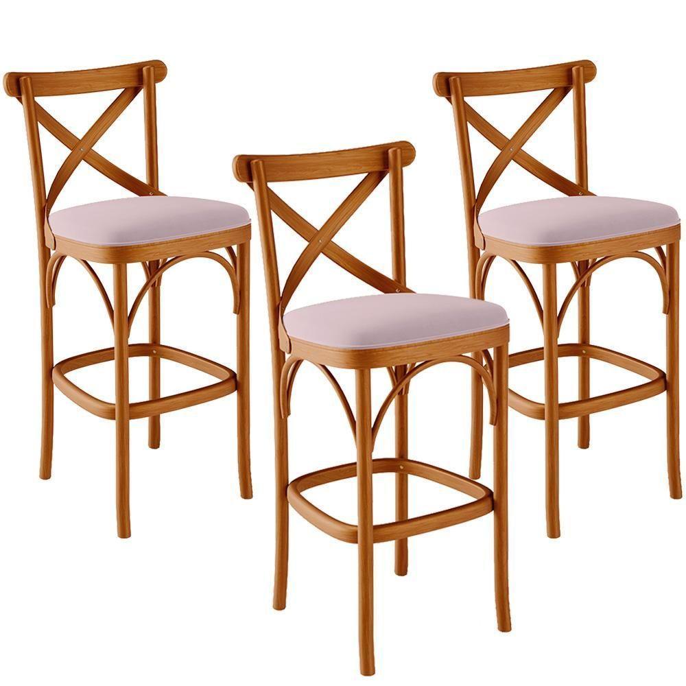 Kit 03 Banquetas Altas Cozinha Bancada Bar Sala De Jantar Estofada ávila L02 Suede Rosê - Lyam - 1