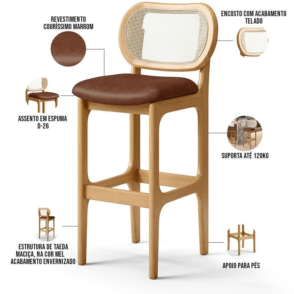 Kit 04 Banquetas Altas Para Cozinha Bancada Sala Tela Betta Fixa L02 Couríssimo Marrom - Lyam - 8