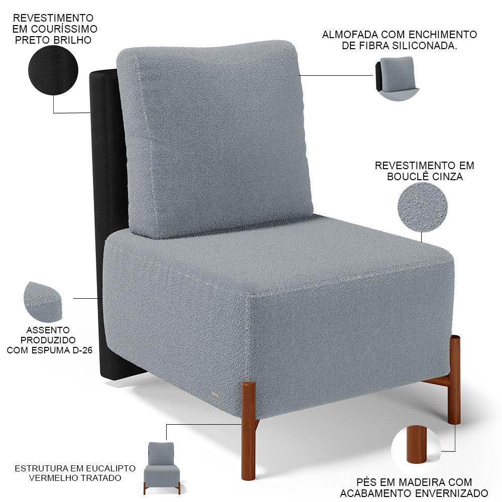 Poltrona Decorativa Sala De Estar Living Pés Madeira Hungria L02 Couríssimo Preto Bouclê Cinza - 8