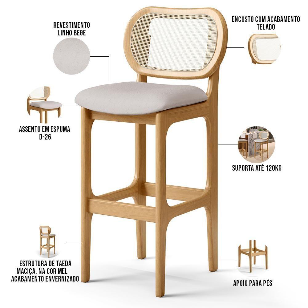 Kit 05 Banquetas Altas Para Cozinha Bancada Sala Tela Betta Fixa L02 Linho Bege - Lyam - 8