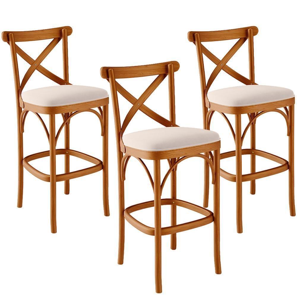 Kit 03 Banquetas Altas Cozinha Bancada Bar Sala De Jantar Estofada ávila L02 Suede Bege - Lyam - 1