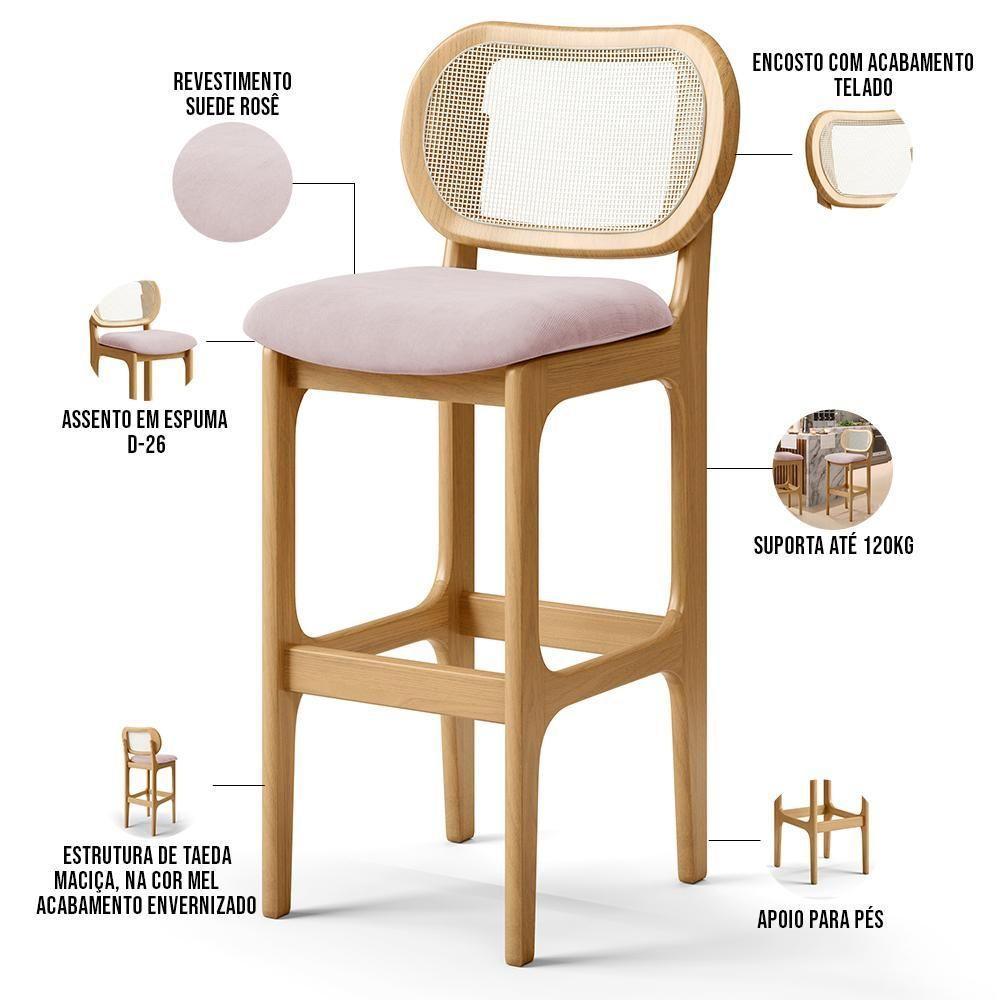Kit 04 Banquetas Altas Para Cozinha Bancada Sala Tela Betta Fixa L02 Suede Rosê - Lyam - 8
