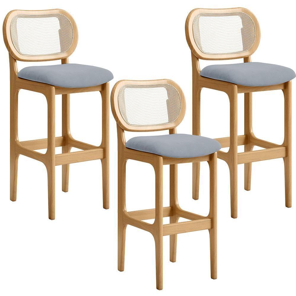 Kit 03 Banquetas Altas Para Cozinha Bancada Sala Tela Betta Fixa L02 Suede Cinza - Lyam - 1