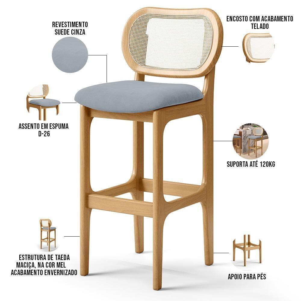 Kit 03 Banquetas Altas Para Cozinha Bancada Sala Tela Betta Fixa L02 Suede Cinza - Lyam - 8