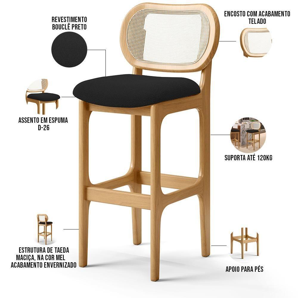 Kit 04 Banquetas Altas Para Cozinha Bancada Sala Tela Betta Fixa L02 Bouclê Preto - Lyam - 8