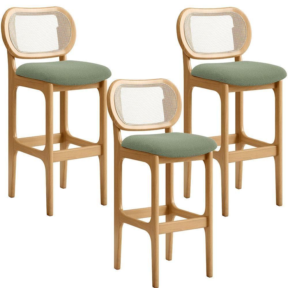 Kit 03 Banquetas Altas Para Cozinha Bancada Sala Tela Betta Fixa L02 Bouclê Oliva - Lyam - 1