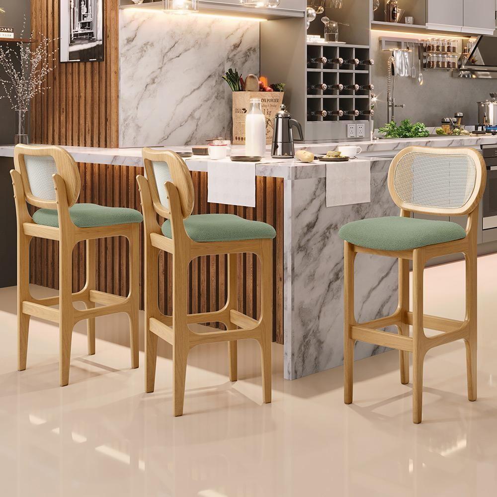 Kit 03 Banquetas Altas Para Cozinha Bancada Sala Tela Betta Fixa L02 Bouclê Oliva - Lyam - 7