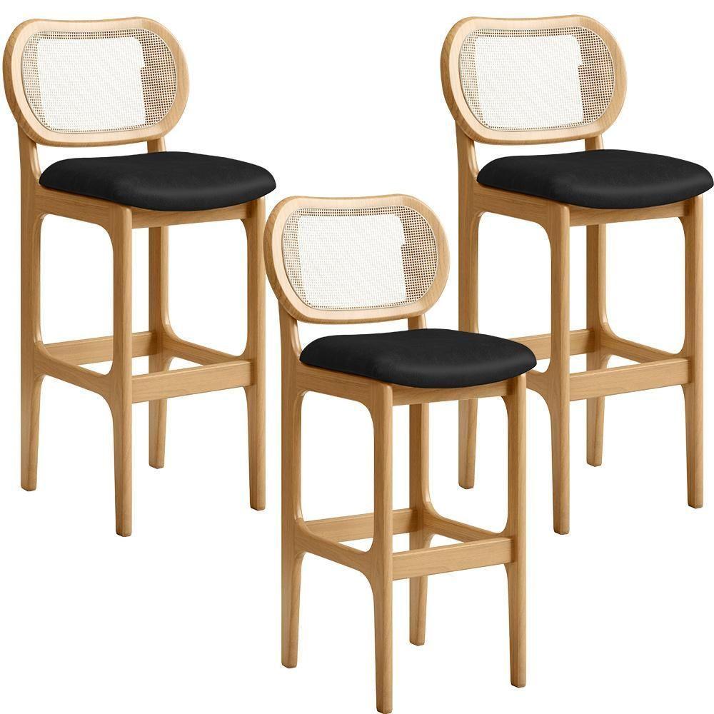 Kit 03 Banquetas Altas Para Cozinha Bancada Sala Tela Betta Fixa L02 Couríssimo Preto - Lyam - 1