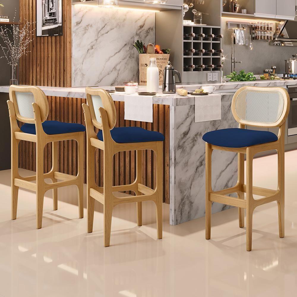 Kit 04 Banquetas Altas Para Cozinha Bancada Sala Tela Betta Fixa L02 Suede Azul Marinho - Lyam - 7