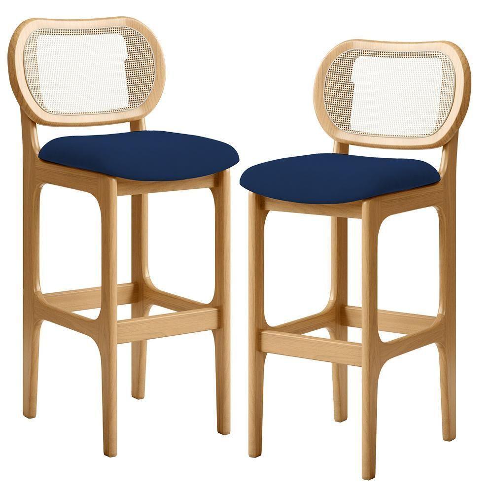Kit 02 Banquetas Altas Para Cozinha Bancada Sala Tela Betta Fixa L02 Suede Azul Marinho - Lyam - 1