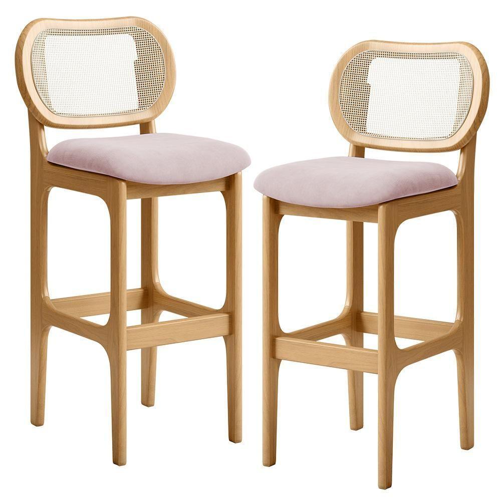 Kit 02 Banquetas Altas Para Cozinha Bancada Sala Tela Betta Fixa L02 Suede Rosê - Lyam - 1