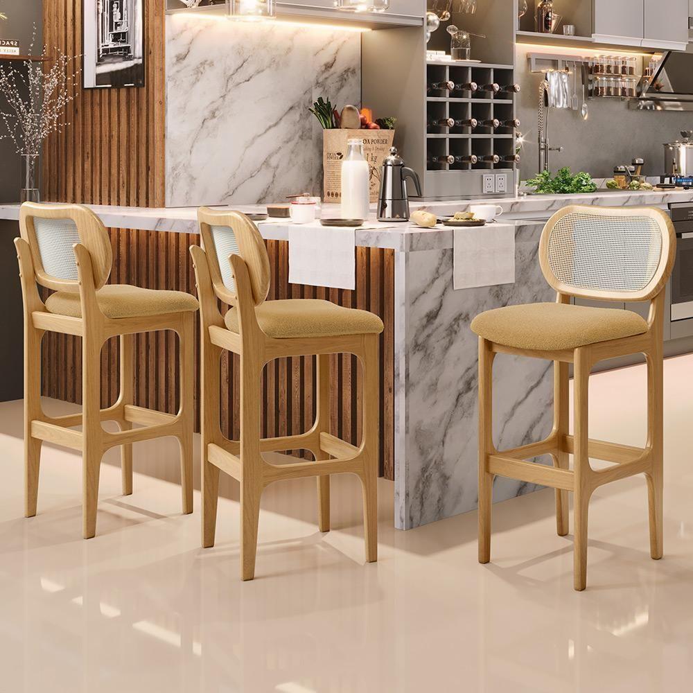 Kit 06 Banquetas Altas Para Cozinha Bancada Sala Tela Betta Fixa L02 Bouclê Mostarda - Lyam - 7