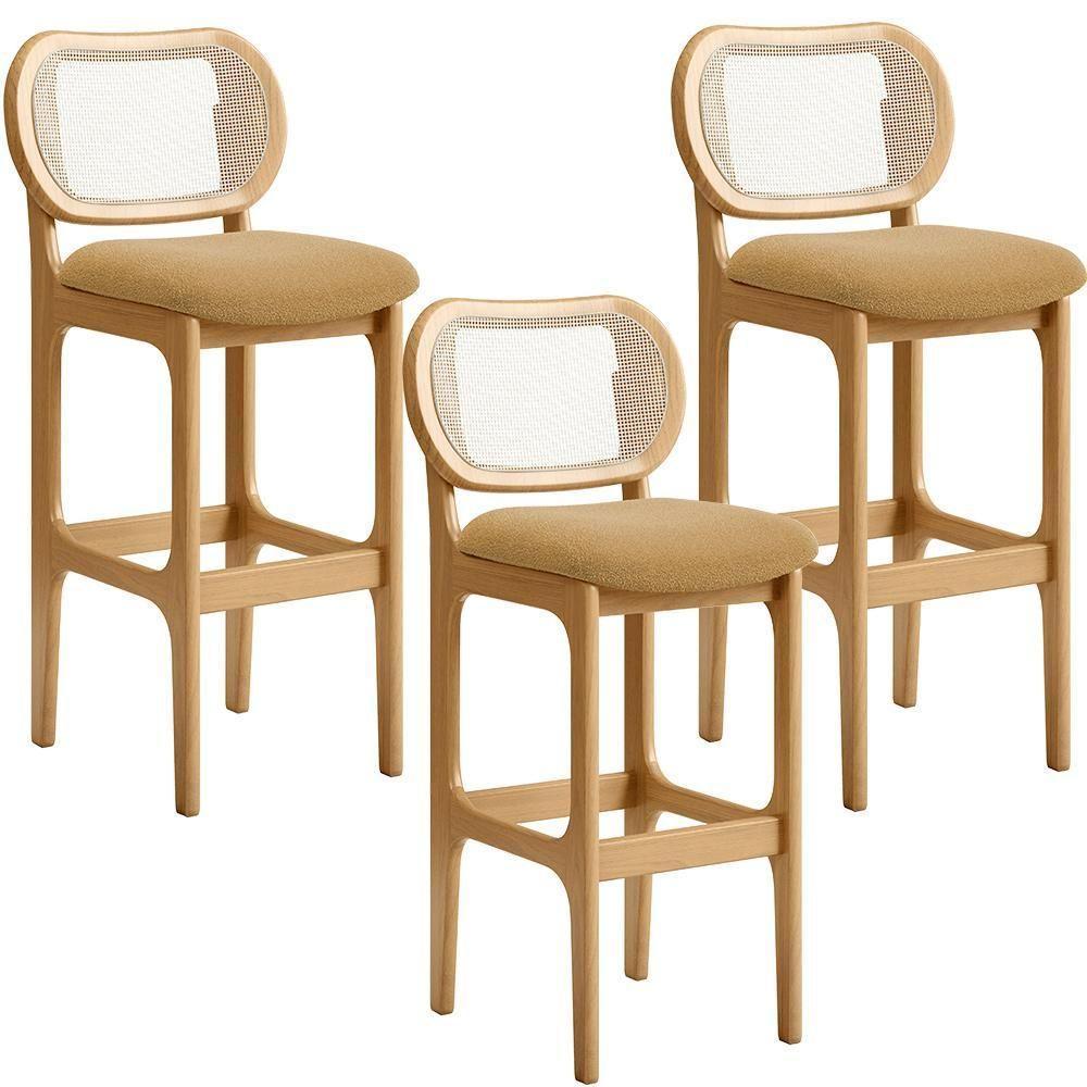 Kit 03 Banquetas Altas Para Cozinha Bancada Sala Tela Betta Fixa L02 Bouclê Mostarda - Lyam - 1