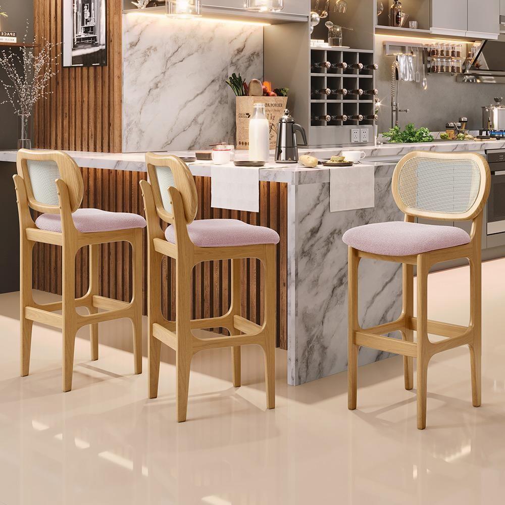 Kit 05 Banquetas Altas Para Cozinha Bancada Sala Tela Betta Fixa L02 Bouclê Rosê - Lyam - 7