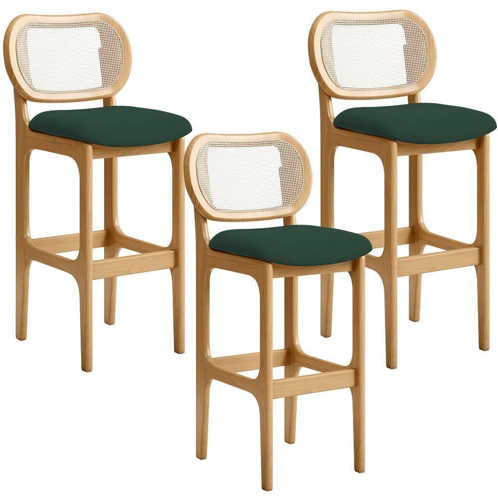 Kit 03 Banquetas Altas Para Cozinha Bancada Sala Tela Betta Fixa L02 Suede Verde Musgo - Lyam - 1