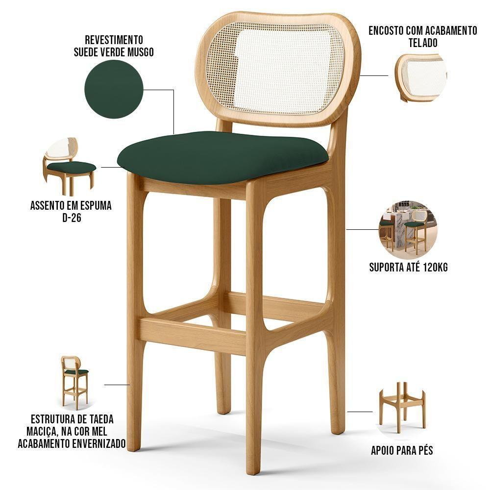 Kit 03 Banquetas Altas Para Cozinha Bancada Sala Tela Betta Fixa L02 Suede Verde Musgo - Lyam - 8