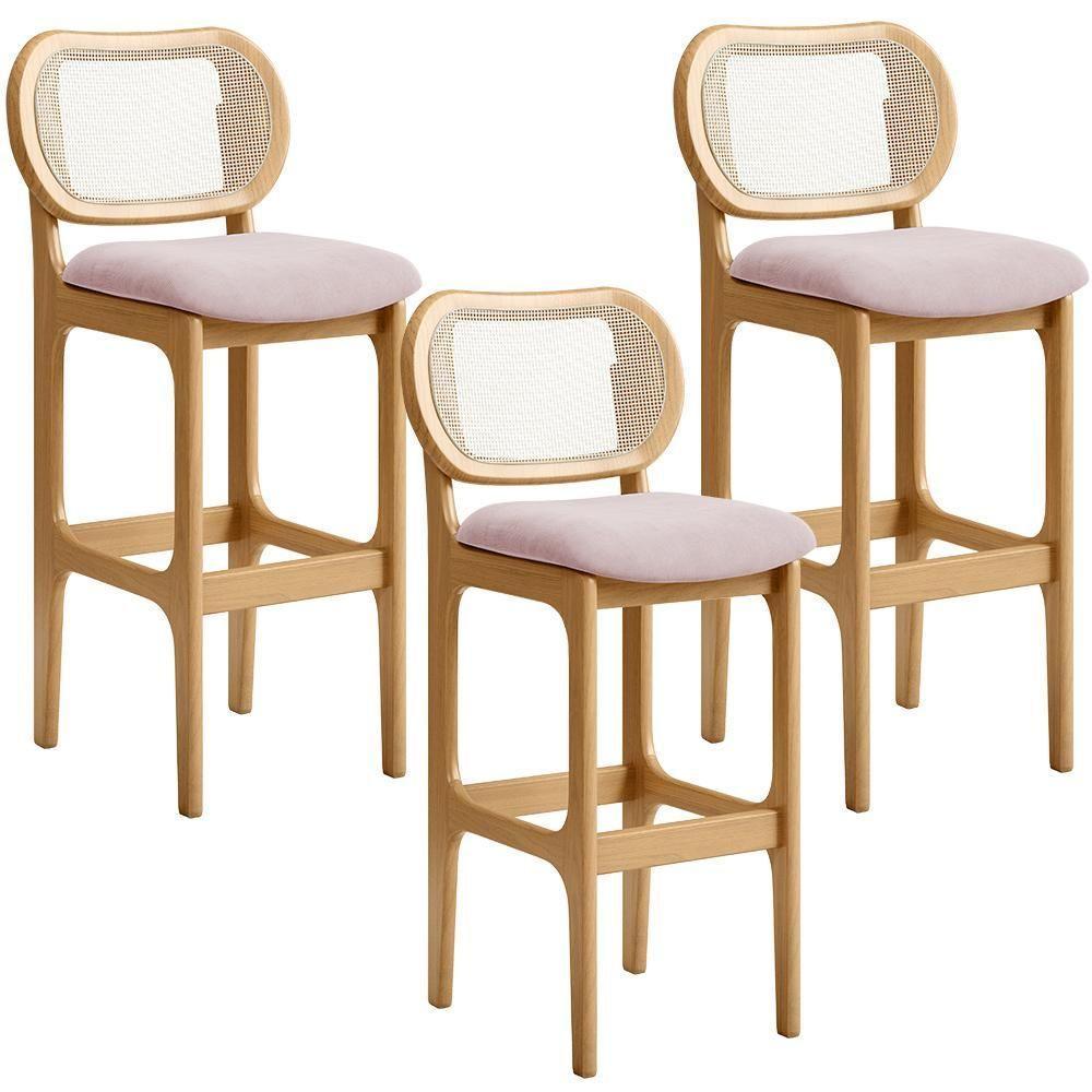 Kit 03 Banquetas Altas Para Cozinha Bancada Sala Tela Betta Fixa L02 Suede Rosê - Lyam - 1