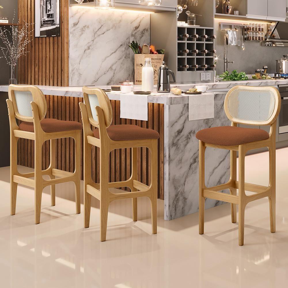 Kit 03 Banquetas Altas Para Cozinha Bancada Sala Tela Betta Fixa L02 Bouclê Terracota - Lyam - 7