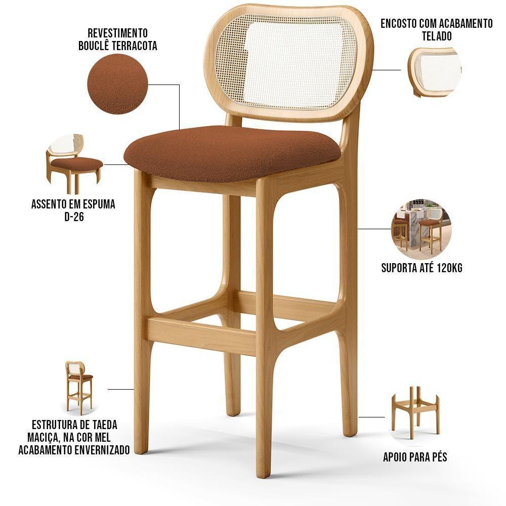 Kit 03 Banquetas Altas Para Cozinha Bancada Sala Tela Betta Fixa L02 Bouclê Terracota - Lyam - 8
