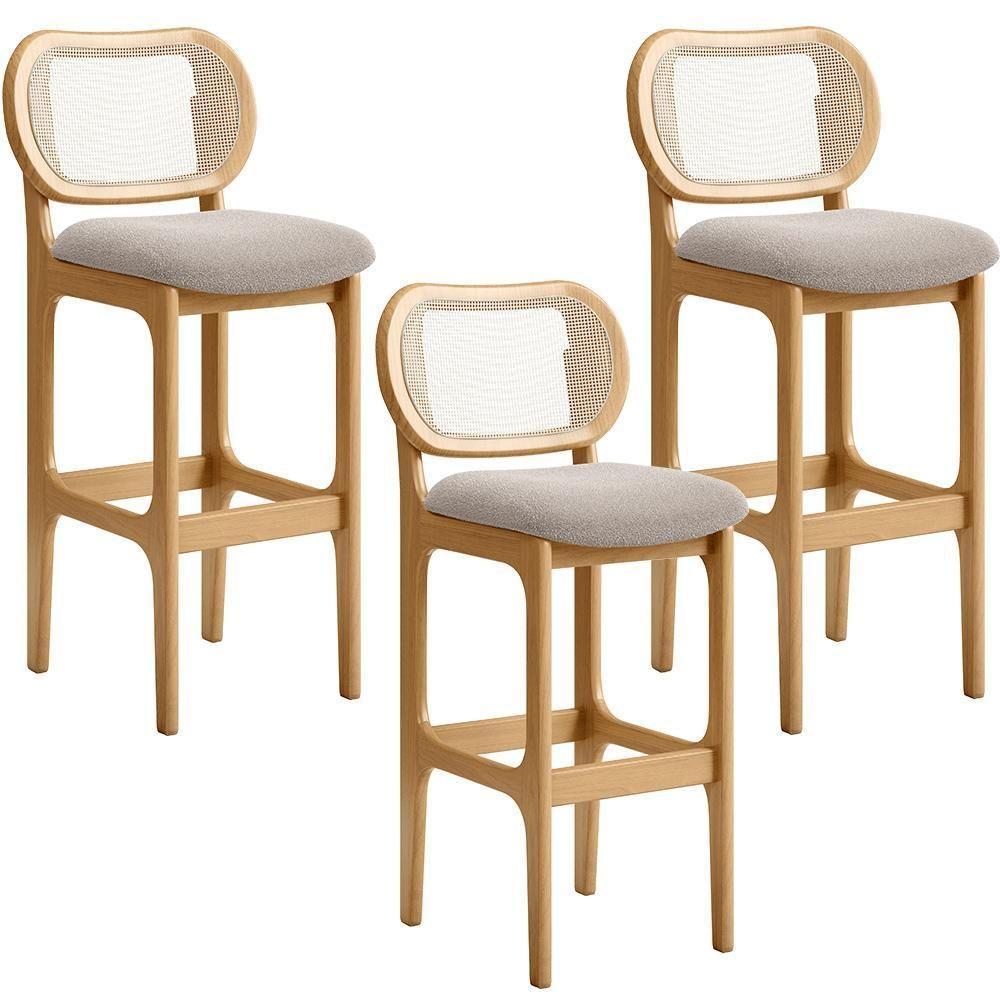 Kit 03 Banquetas Altas Para Cozinha Bancada Sala Tela Betta Fixa L02 Bouclê Creme - Lyam - 1