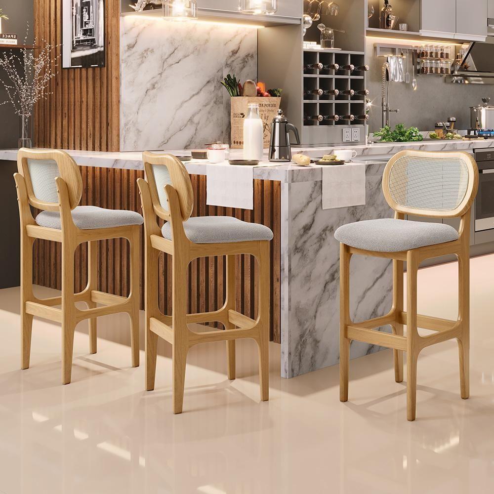 Kit 03 Banquetas Altas Para Cozinha Bancada Sala Tela Betta Fixa L02 Bouclê Creme - Lyam - 7