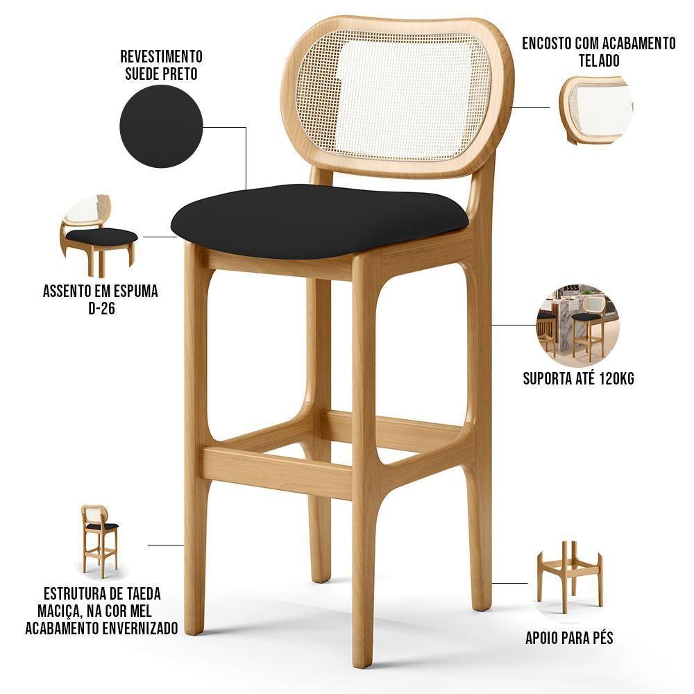 Kit 02 Banquetas Altas Para Cozinha Bancada Sala Tela Betta Fixa L02 Suede Preto - Lyam - 8