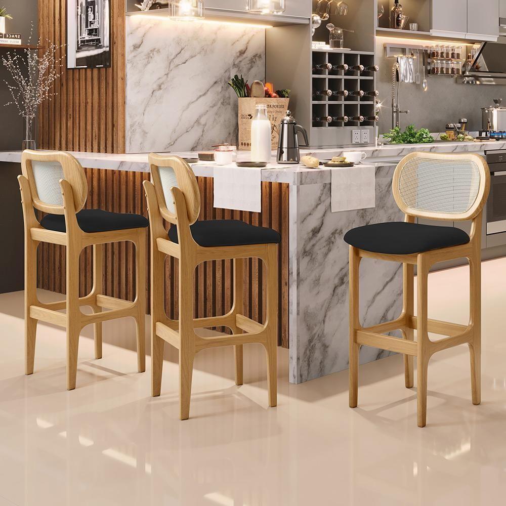 Kit 06 Banquetas Altas Para Cozinha Bancada Sala Tela Betta Fixa L02 Suede Preto - Lyam - 7