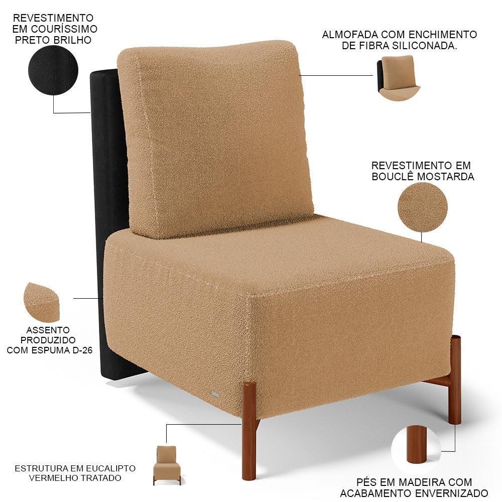 Poltrona Decorativa Sala De Estar Living Pés Madeira Hungria L02 Couríssimo Preto Bouclê Mostarda - 8