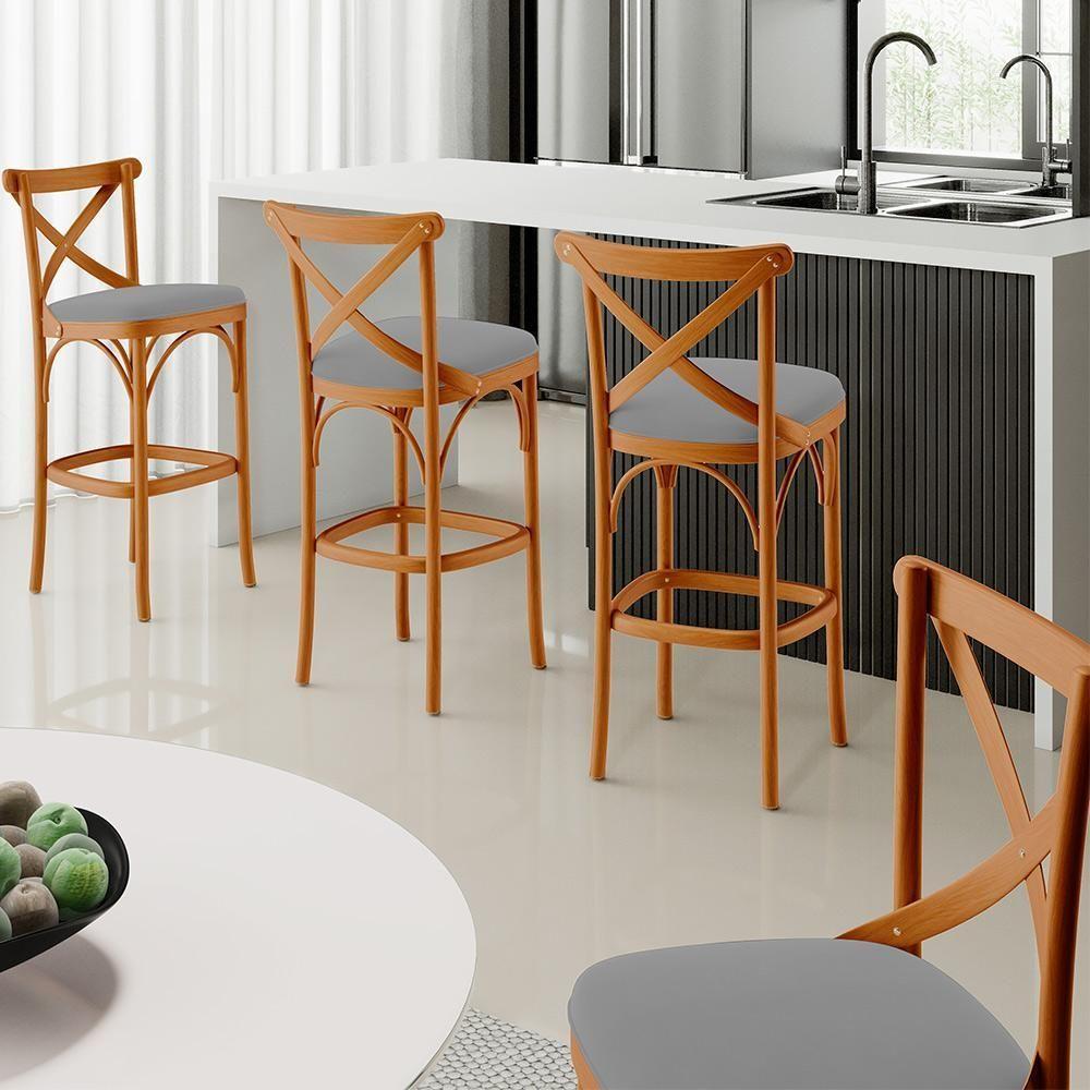 Kit 03 Banquetas Altas Cozinha Bancada Bar Sala De Jantar Estofada ávila L02 Suede Cinza - Lyam - 7