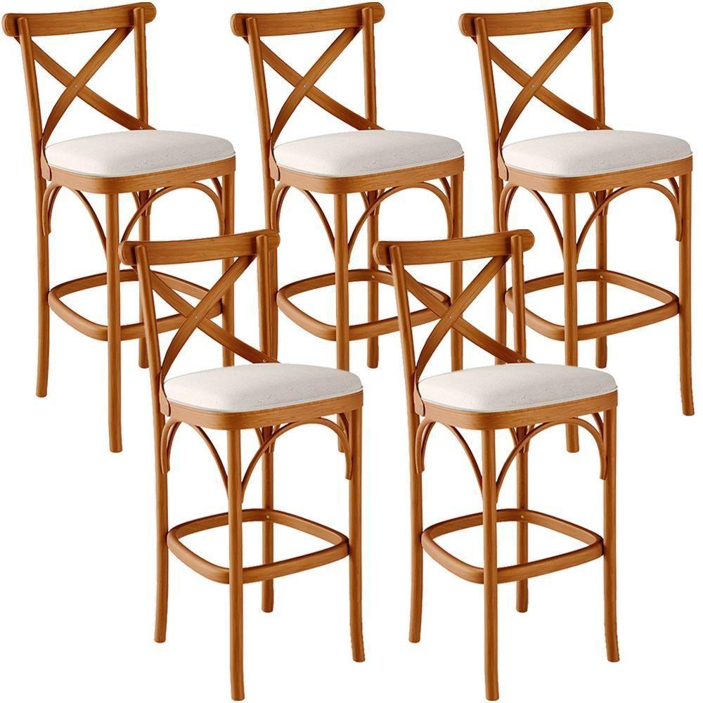 Kit 05 Banquetas Altas Cozinha Bancada Bar Sala De Jantar Estofada ávila L02 Linho Cru - Lyam - 1