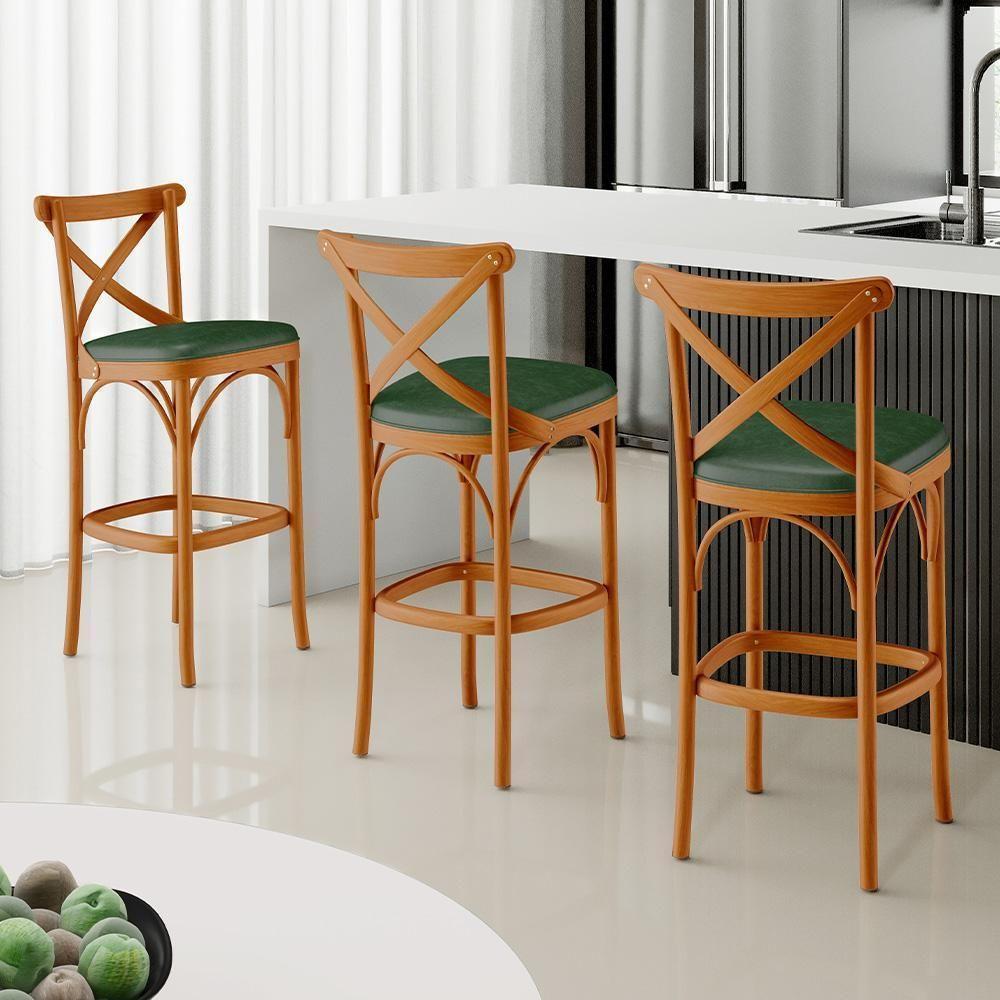 Kit 05 Banquetas Altas Cozinha Bancada Sala Jantar Estofada ávila L02 Couríssimo Verde Musgo - Lyam - 6