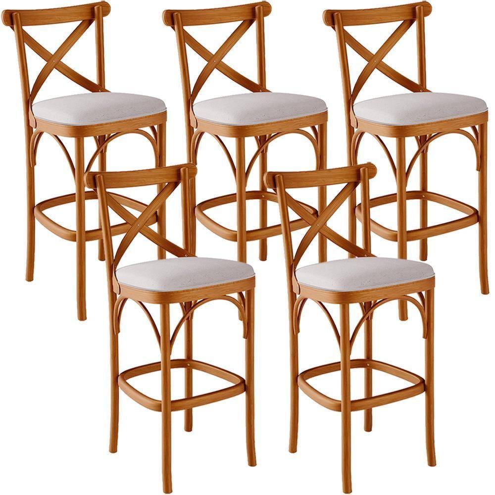 Kit 05 Banquetas Altas Cozinha Bancada Bar Sala De Jantar Estofada ávila L02 Linho Bege - Lyam - 1