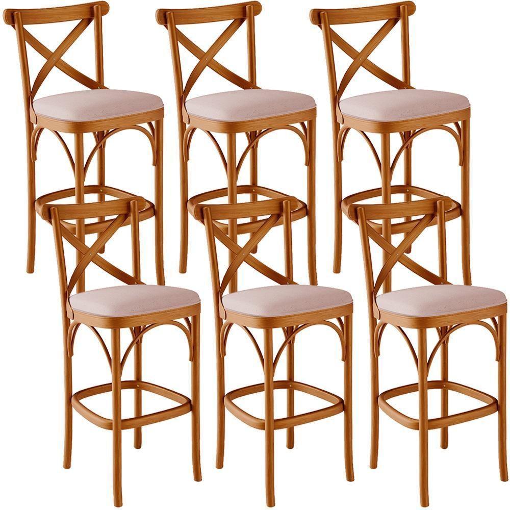 Kit 06 Banquetas Altas Cozinha Bancada Bar Sala De Jantar Estofada ávila L02 Linho Rosê - Lyam - 1