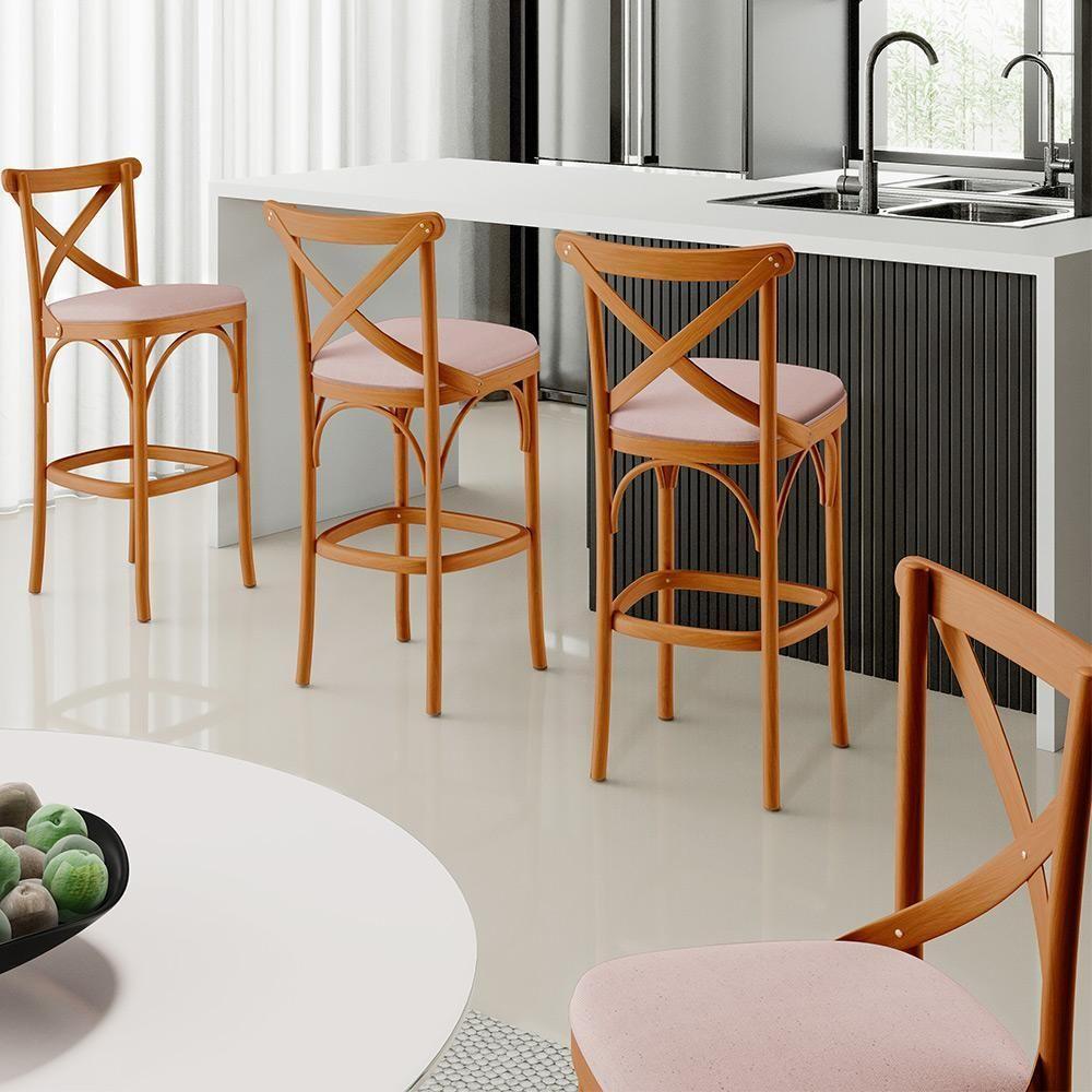 Kit 06 Banquetas Altas Cozinha Bancada Bar Sala De Jantar Estofada ávila L02 Linho Rosê - Lyam - 7