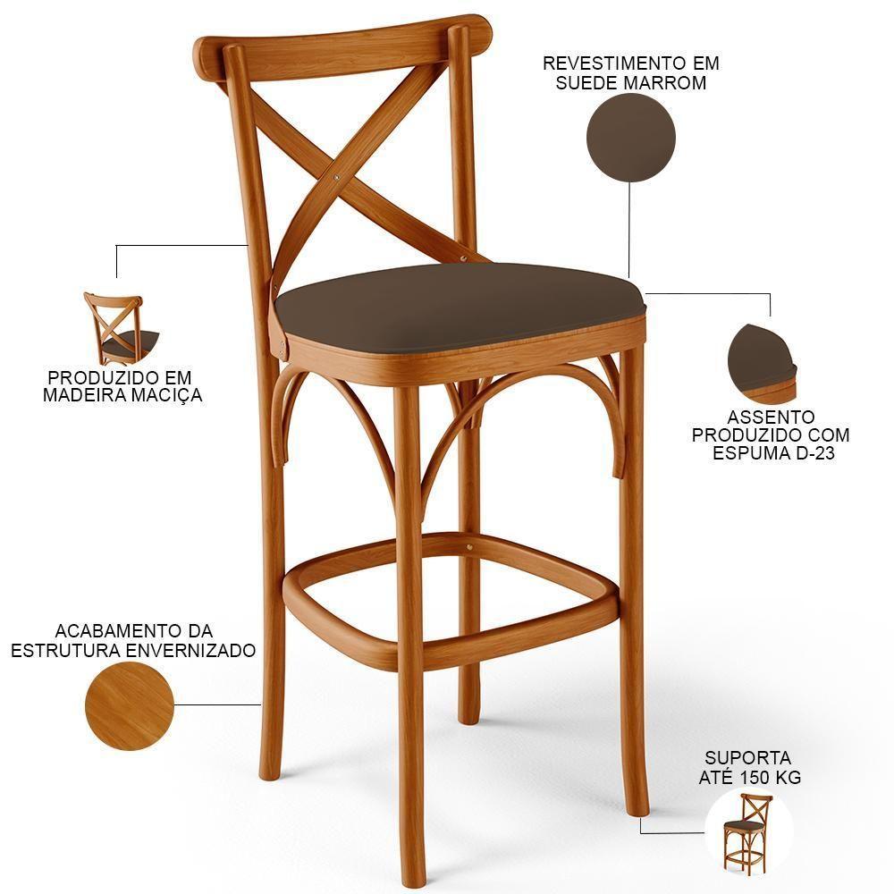 Kit 03 Banquetas Altas Bancada Bar Sala De Jantar Estofada ávila L02 Suede Marrom - 8