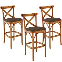 Kit 03 Banquetas Altas Bancada Bar Sala De Jantar Estofada ávila L02 Suede Marrom - 1