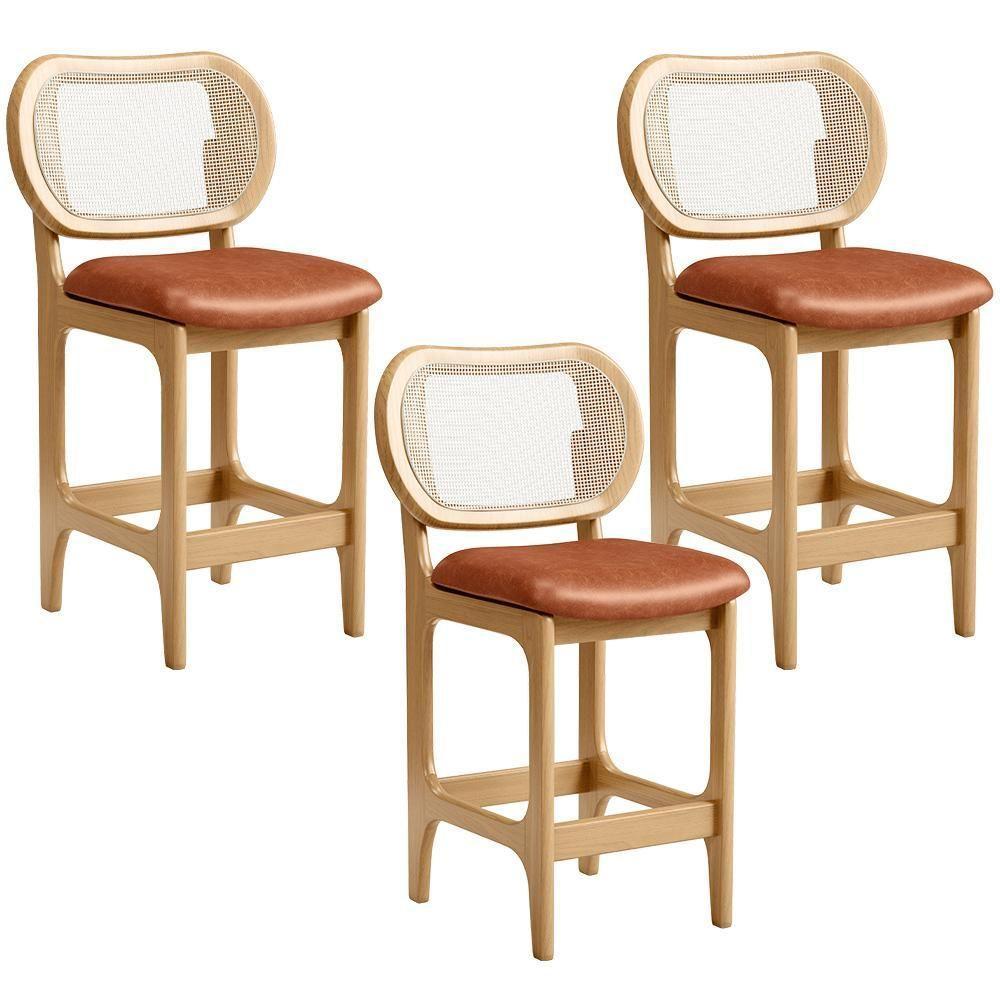 Kit 3 Banquetas Baixa Bar Cozinha Sala De Jantar Betta L02 Mel Tela Couríssimo Camel - Lyam Decor - 1