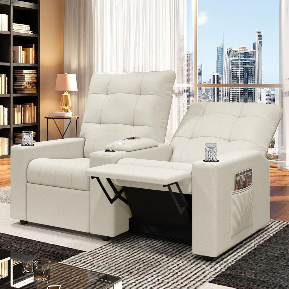 Poltrona Do Papai Reclinável Cinema 2 Lugares Manual Baú Usb Haifa F05 Veludo Bege - Lyam Decor - 6
