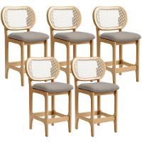 Kit 5 Banquetas Baixa Bar Cozinha Sala De Jantar Betta L02 Mel Tela Linho Bege - Lyam Decor - 1