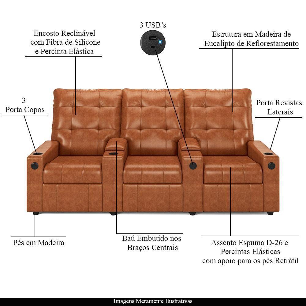 Poltrona Do Papai Reclinável Cinema 3 Lugares Manual Baú Usb Haifa F05 Facto Caramelo B - Lyam Decor - 7