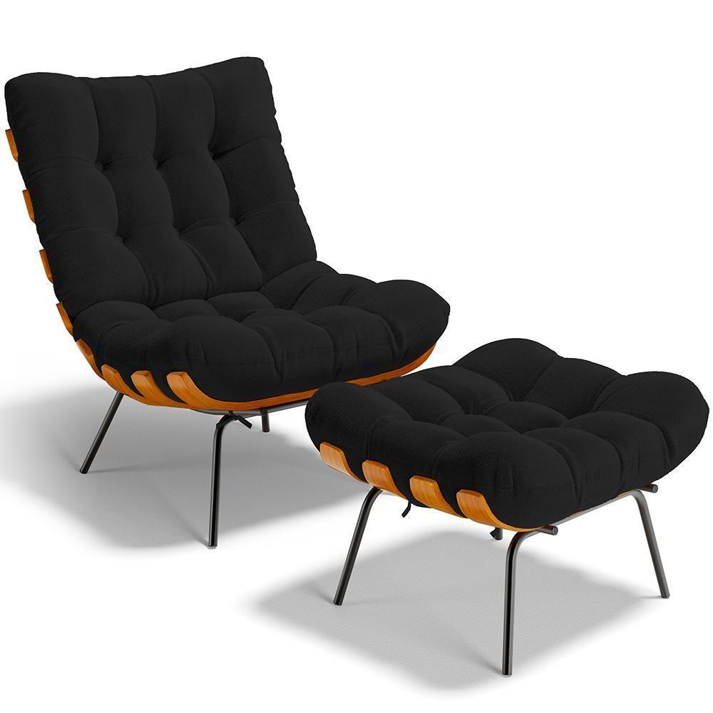Poltrona Costela L02 Com Puff Sala De Estar Bouclê Preto - Lyam Decor - 1